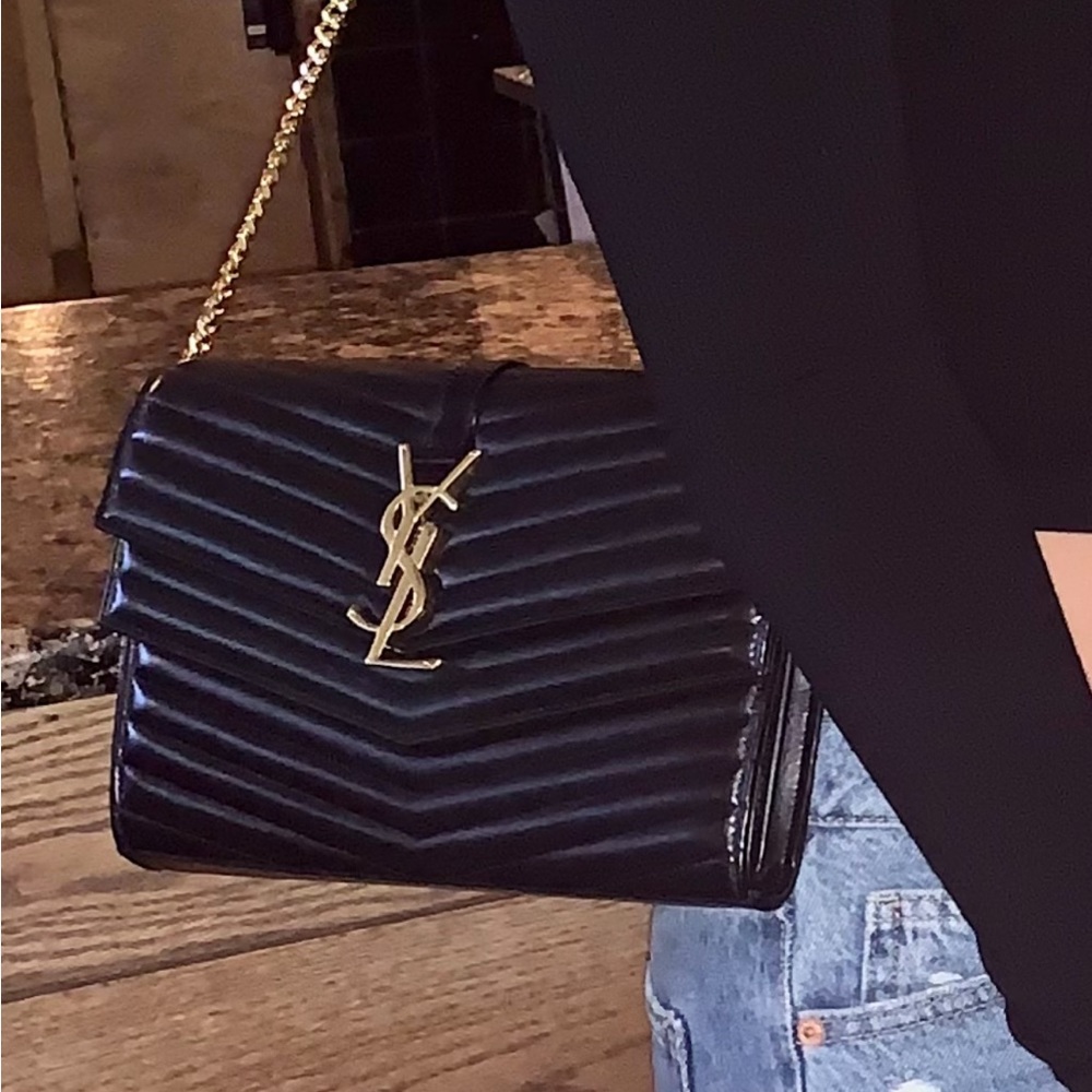 YSL Sulpice Black Quilted Double Flap Wallet on a Chain